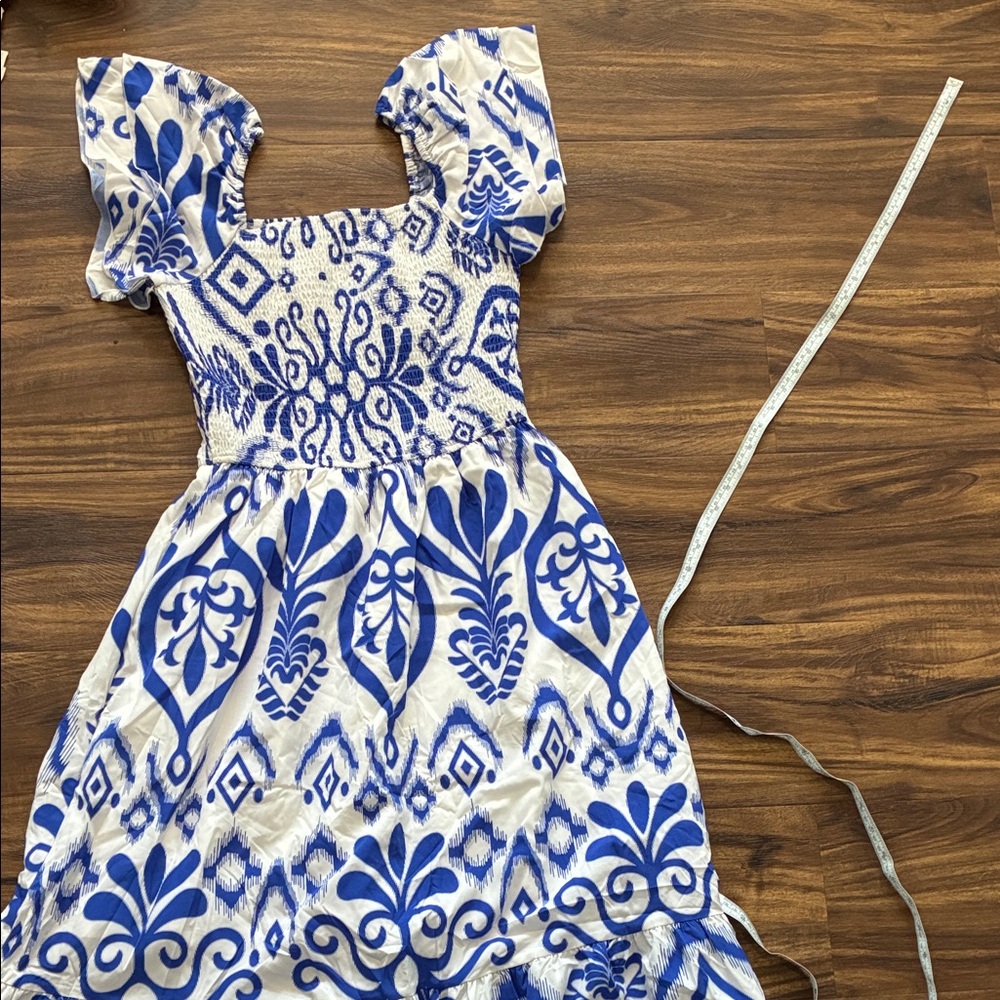 SHEIN White and Blue Smocked Maxi Dress